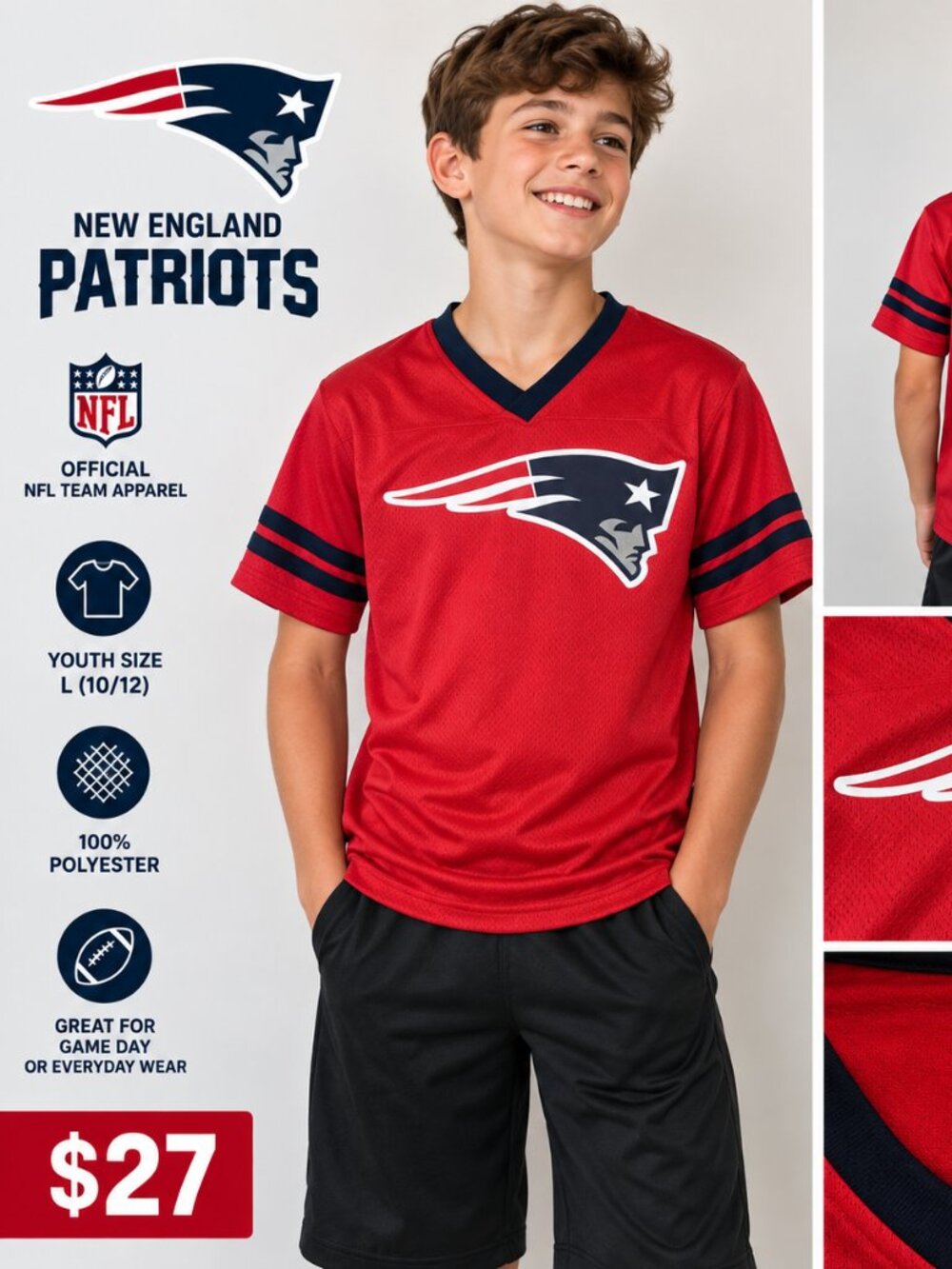 🏈 New England Patriots Youth L 10/12 Red NFL Jersey-Style Shirt